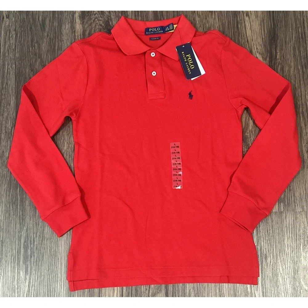 Polo Ralph Lauren Kids Long Sleeve Classic Red Mesh Polo Shirt Size L (14-16)